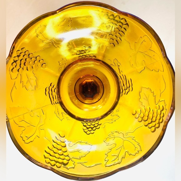 CARNIVAL GLASS Iridescent Marigold | Harvest Grape Pattern Pedestal Bowl - Picture 5 of 10